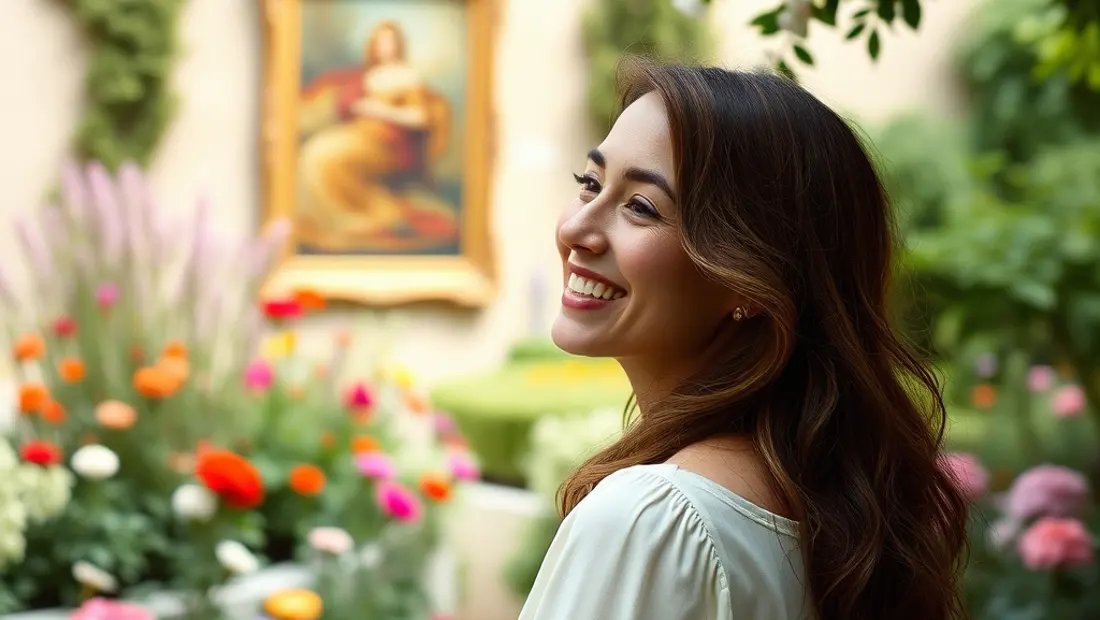 Une femme dans un jardin fleuri.