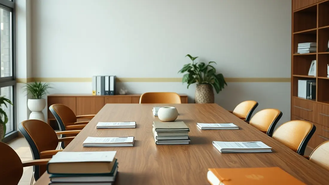 Table de réunion avec meubles en bois et livres de gestion.