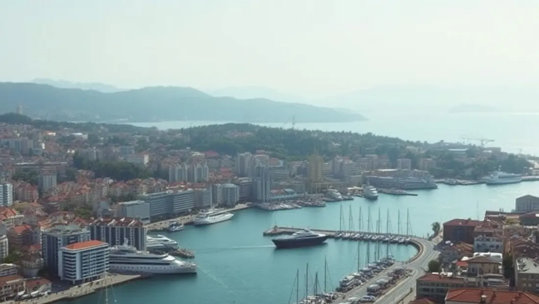 Vue aérienne d'une ville turque avec des bâtiments de bureaux et des navires