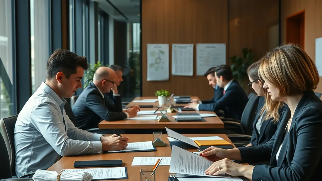 Entreprise avec employés regardant des documents juridiques.