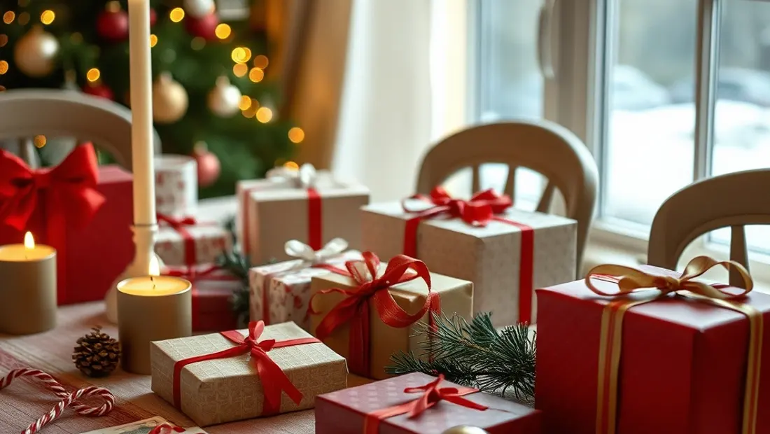 Cadeaux de Noël et argent sur la table.