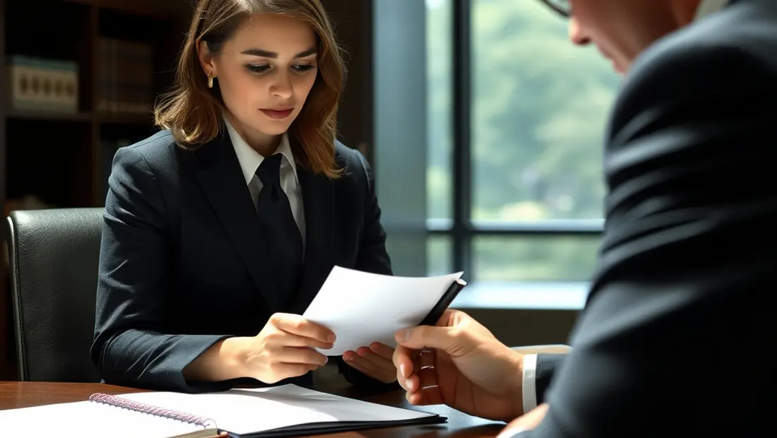 Femme et avocat dans un bureau.