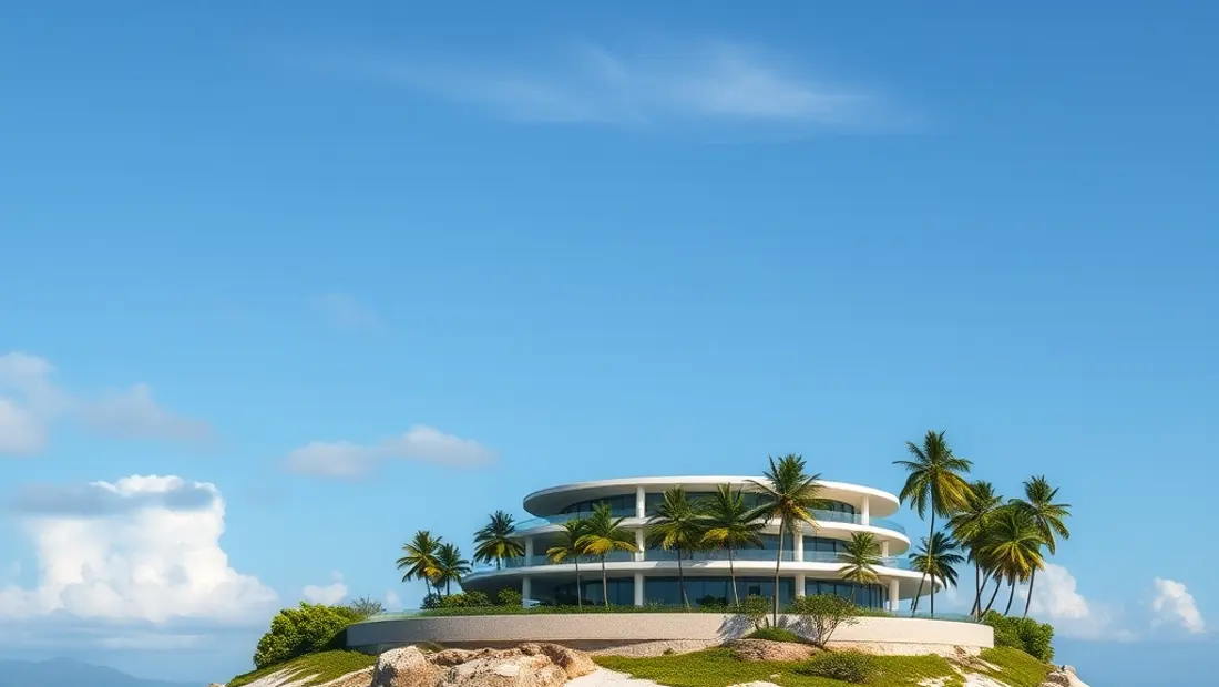 Île tropicale avec bâtiment et palmiers
