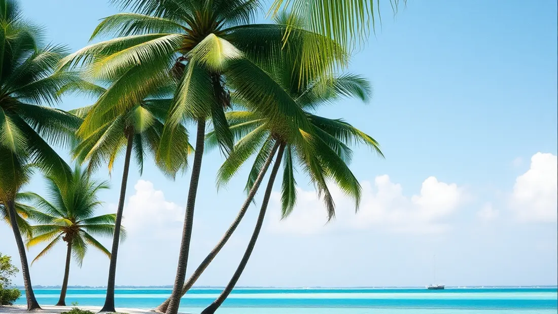 Île tropicale avec palmiers et mer turquoise.